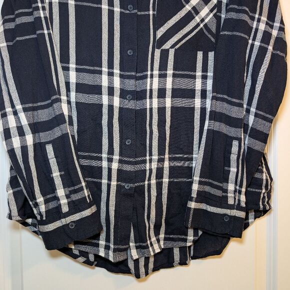 Lucky Brand Women's Size Large Dark Blue White Plaid Button Down Long Sleeve Top - Picture 4 of 12